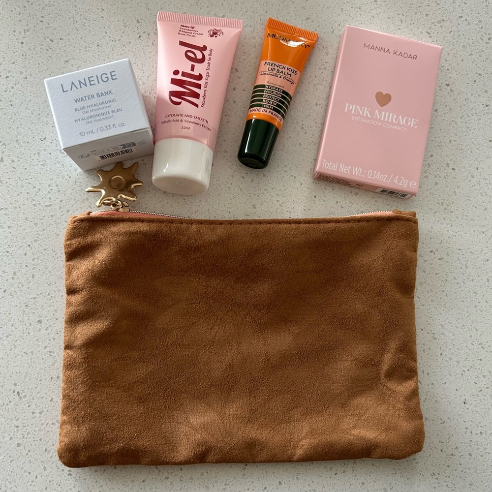 Brown Suede Cosmetic Pouch with Skin Care Cosmetics Bundle